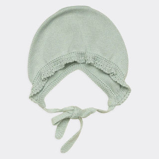 Knitted Bonnet with Ornate Ruffle Details in Soft Sage Green