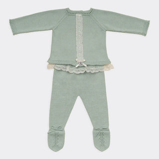 Knitted Baby Set with Intricate Lace Details and Ribbon Accent in Soft Sage Green