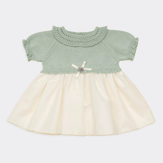 Tulle & Knitted Dress with Delicate Neck and Sleeves Trim Details and Bow Accent in Ivory and Soft Sage Green