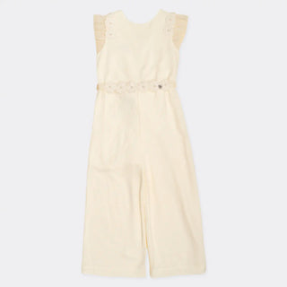 Jumpsuit with Ruffle Shoulders and Floral Details in Ivory