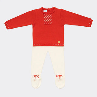 Knitted Baby Set with Dainty Details in Cool Red and Ivory White