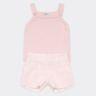 Knitted Top & Striped Pattern Shorts Set with Buttoned Straps in Baby Pink
