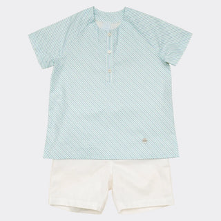Cotton Shirt and Shorts Set in White and Blue Striped Pattern