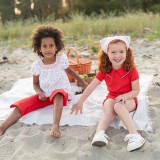 Knitted Top and Shorts Set with Scallop Trim Details in Cool Red