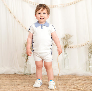 Knitted Polo & Shorts Set in White with Blue Contrast
