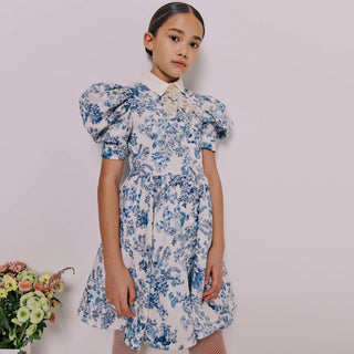 Carousel Dress in Blossom White and Blue Floral Jacquard