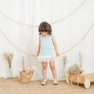 Knitted Dress with Soft Tulle Ruffle Collar and Hem Details in Aqua Blue