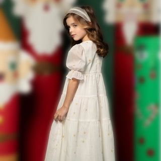 Tiered Dress with Sheer Puff Sleeves - Ivory