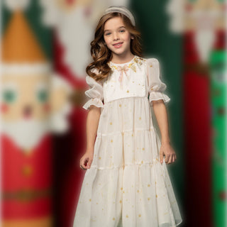 Tiered Dress with Sheer Puff Sleeves - Ivory