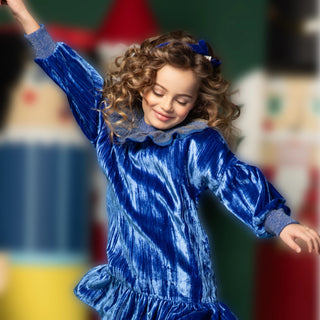Velvet Dress with Lace Ruffle Collar - Royal Blue