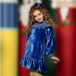 Velvet Dress with Lace Ruffle Collar - Royal Blue