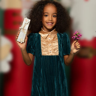 Velvet Dress with Satin Collar and Heart-Shaped Buttons - Emerald Green