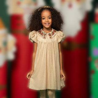 Sparkling Puff Sleeve Dress with Embroidered Collar - Gold
