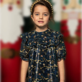 Sequined A-Line Dress with Ruffled Shoulder - Blue & Gold