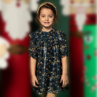 Sequined A-Line Dress with Ruffled Shoulder - Blue & Gold