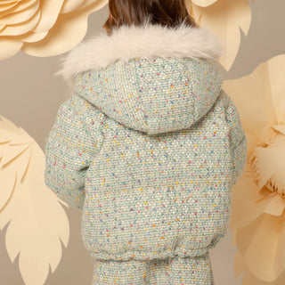 Tweed Jacket with Fox Fur Trimmed Hood - Mint Blue