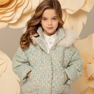 Tweed Jacket with Fox Fur Trimmed Hood - Mint Blue