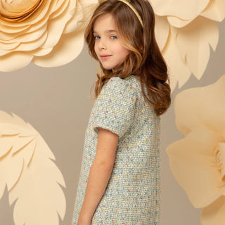Tweed Dress with Short Sleeves and Ruffles - Mint Green