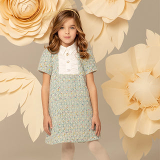 Tweed Dress with Short Sleeves and Ruffles - Mint Green