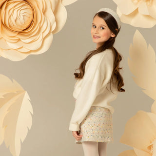 Tweed Skirt with Sequins and Floral Appliqué - Ivory