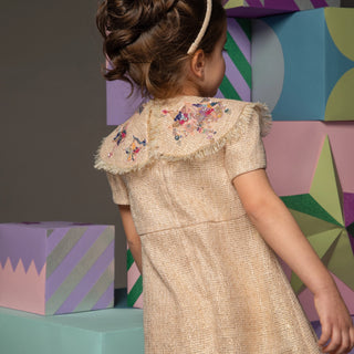 Dress with Beaded and Embroidered Statement Collar - Gold