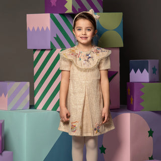 Dress with Beaded and Embroidered Statement Collar - Gold