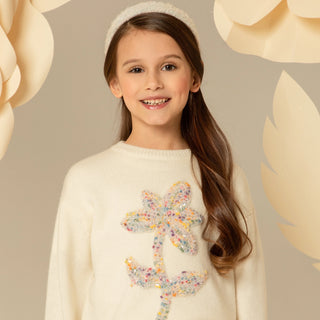 Knitted Sweater with Floral Appliqué and Sequins - Cream