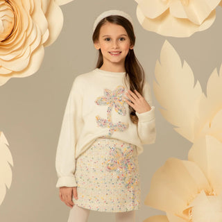 Knitted Sweater with Floral Appliqué and Sequins - Cream