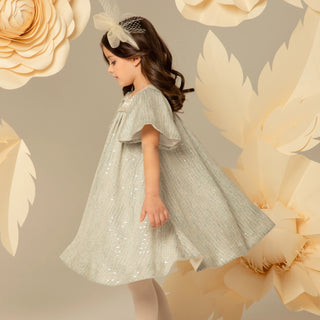 A-Line Flutter Sleeve Dress with Beaded Yoke - Blue