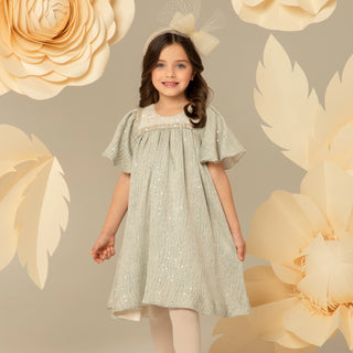 A-Line Flutter Sleeve Dress with Beaded Yoke - Blue