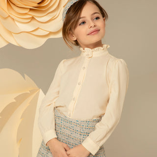 Tweed Jacket and Skirt Set with Bowtie - Blue & Ivory