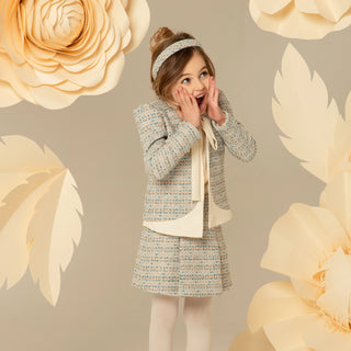 Tweed Jacket and Skirt Set with Bowtie - Blue & Ivory