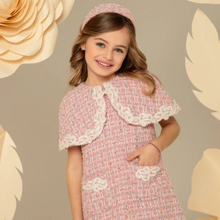 Tweed Dress with Beaded Lace Cape Collar - Pink