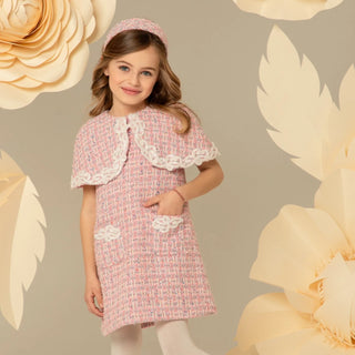 Tweed Dress with Beaded Lace Cape Collar - Pink