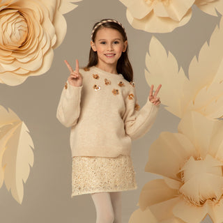 Soft Sweater with Gold Floral Embellishments - Beige