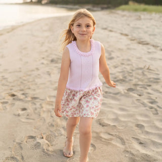 Knitted & Cotton Dress with Ruffle Neckline in Soft Pink & Floral Pattern
