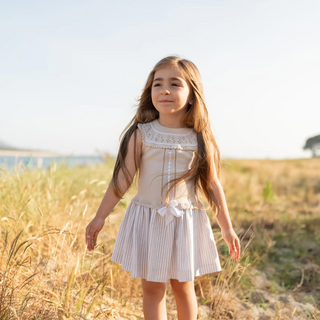 Knitted Dress with Linen Skirt in Desert Sand and Beige Stripes