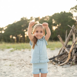 Knitted Top & Shorts Set with Delicate Ruffle Edges in Soft Dusty Blue