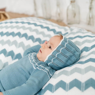 Knitted Baby Set with Matching Bonnet in Blue and White Details