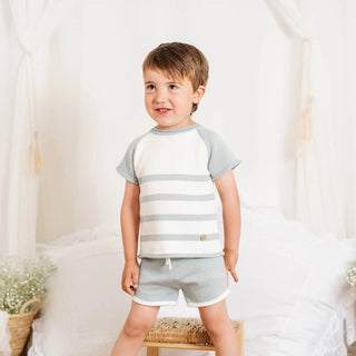 Knitted Top & Drawstring Shorts Set in Soft Dusty Blue and White Stripes