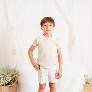 Knitted Polo & Linen Shorts Set in Desert Sand and Beige Stripes