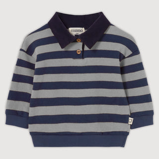 Brushed Soft Knit Baby Polo Sweater - Navy Grey Striped