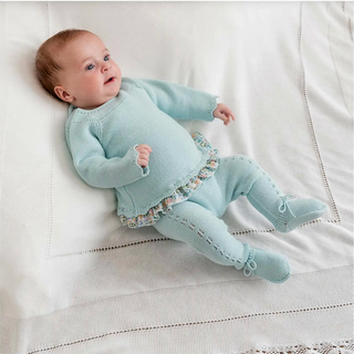 Knitted Baby Set in Aqua Blue with Floral Ruffle Hem