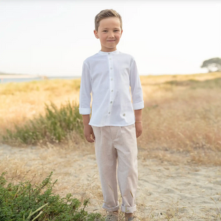 Linen Boys Shirt & Trousers Set in White & Beige