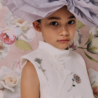 Spring In Step Dress with Sparkling Gemstone Flower Details in White