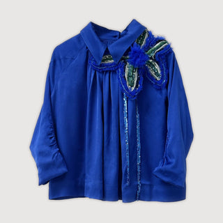 Svana Satin Blouse with Wild Flower in Royal Blue