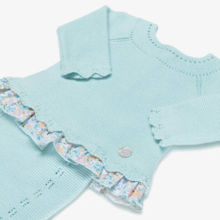 Knitted Baby Set in Aqua Blue with Floral Ruffle Hem