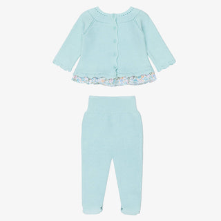 Knitted Baby Set in Aqua Blue with Floral Ruffle Hem