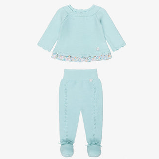 Knitted Baby Set in Aqua Blue with Floral Ruffle Hem