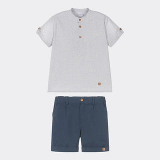 Cotton Shirt & Classic Shorts Set in Plaid and Navy Blue